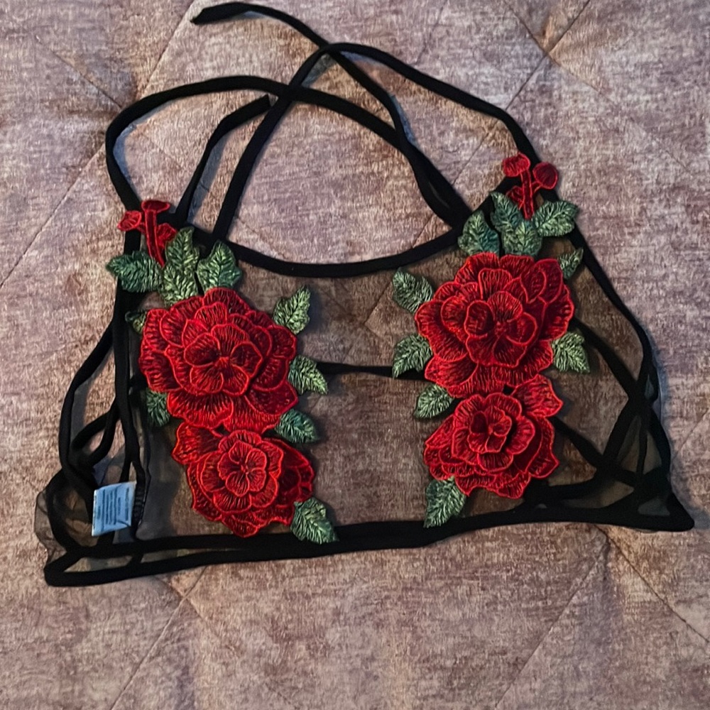 Mesh Black Red Rose top